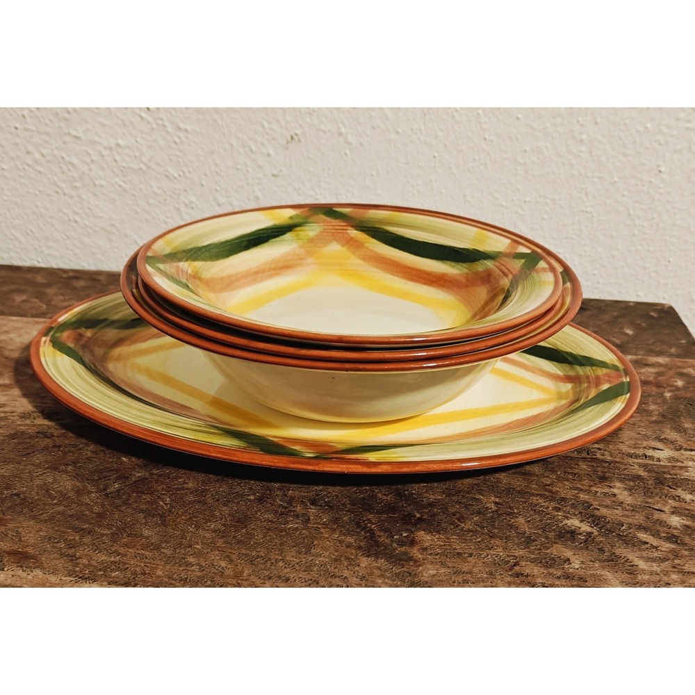 VtG HOMESPUN Plaid Underglaze Hand Painted Vernon Ware Mixed Lot Plates/Bowl